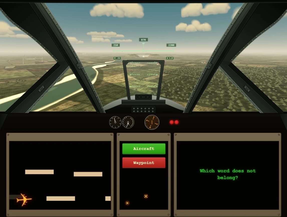 FAST simulator cockpit with flight controls, aircraft and waypoint report buttons, and a puzzle panel.