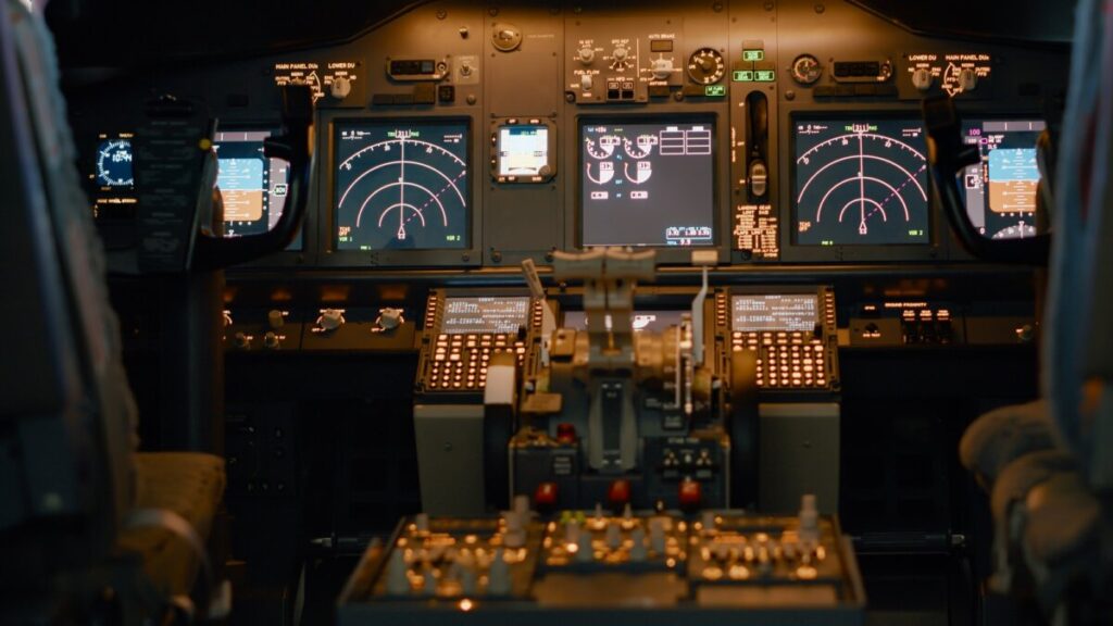 Nobody in empty aviation plane with dashboard control panel